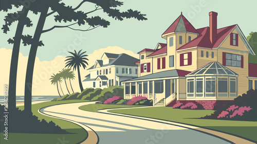 Coastal Houses Ocean View Summer Vacation Home Illustration Residential Architecture Seaside Property Tropical Landscape Winding Road Palm Trees Sunny Day Houses by the Beach Idyllic Scene Home Exter.