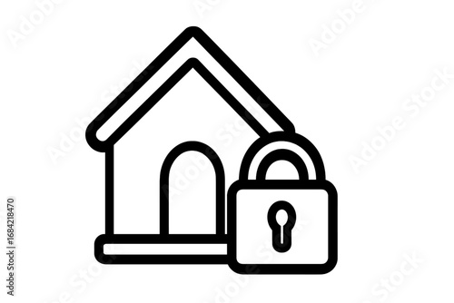 Home security concept. House and lock icon. Property protection. Real estate safety. Secure private building. Mortgage insurance. Vector symbol. Locked residence. Padlock icon.