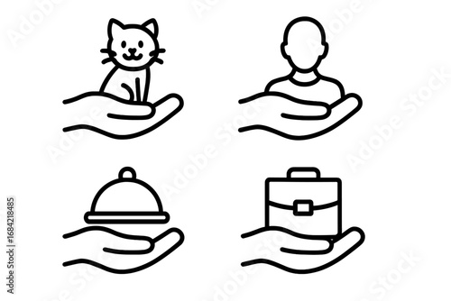 Service and support vector line icon set. Hands offering pet care, people welfare, food delivery, and business solutions. Concepts for insurance, adoption, HR, catering, help.