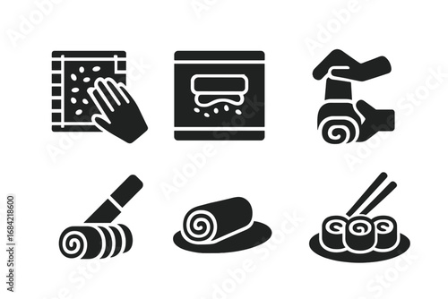 Sushi making steps icon set. Solid glyph icons for how to make Japanese food. Guide for cooking, rice spreading, rolling with mat, slicing, and plating maki rolls. Vector.