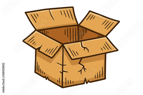 Broken box vector icon. Damaged, old, empty open cardboard carton. Concept for delivery problem, fragile package, shipping error, moving day. Cartoon style illustration.