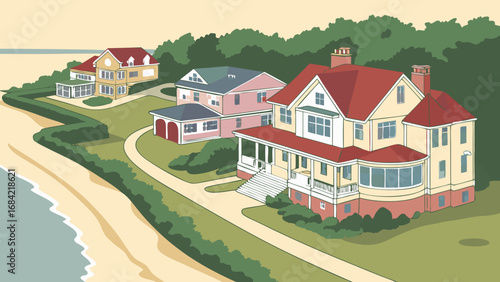 Coastal Houses Oceanfront Property Summer Homes Beachfront Real Estate Idyllic Seaside Scene Luxury Villas Waterfront Homes Dream Vacation Homes Picturesque Coastal Landscape Elegant Architecture Hou.