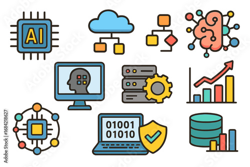 AI and data processing icon set. Vector concepts for artificial intelligence, machine learning, cloud computing, big data analytics, network technology, database, and security.