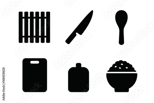 Sushi making tool icon set. Japanese food preparation equipment. Solid glyph symbols of bamboo mat, knife, rice paddle, cutting board, soy sauce bottle and rice bowl vector.