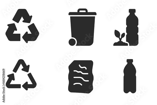 Recycling icons set for waste sorting. Solid glyph collection of trash bin, plastic bottle, paper, compost, biodegradable material. Eco-friendly concept for environmental care.