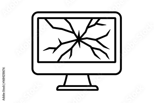 Cracked computer screen line icon. Broken monitor vector symbol. Concept of damage, device repair, technical problem, system error, crash, malfunction or failure. E-waste.
