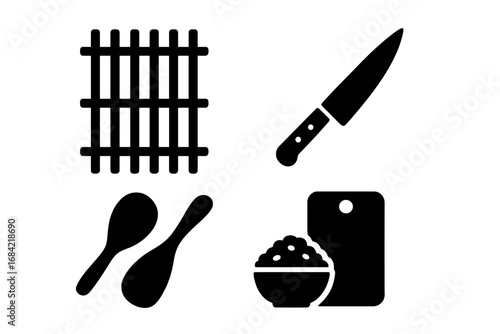 Sushi Preparation Tools Icon Set, Solid Black Filled Vector Illustrations Including Bamboo Rolling Mat, Sharp Knife, Rice Paddle, Cutting Board, and Bowl for Culinary Design
