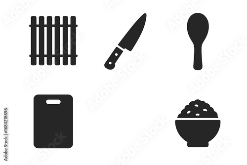 Sushi Preparation Tools Icon Set, Solid Black Vector Illustrations of Bamboo Rolling Mat, Sharp Chef Knife, Rice Paddle, Cutting Board, and Bowl for Japanese Cuisine Cooking