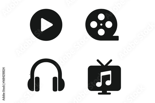 Streaming service solid icon set. Media subscription concept. Vector illustration of play button, movie reel, headphones, TV. Digital entertainment, video, audio, music.