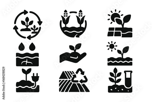 Sustainable Agriculture Icons Solid Filled Vector Set Featuring Energy Cycle, Crop Rotation, Soil Health, Renewable Energy, Eco Farming, Organic Plant Growth Concepts, Vector Illustration
