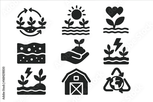 Sustainable Agriculture Icons, Solid Filled Vector Set Featuring Crop Rotation, Soil Health, Energy Cycle, Plant Growth, Farm Environment, Eco-Friendly Farming Symbols