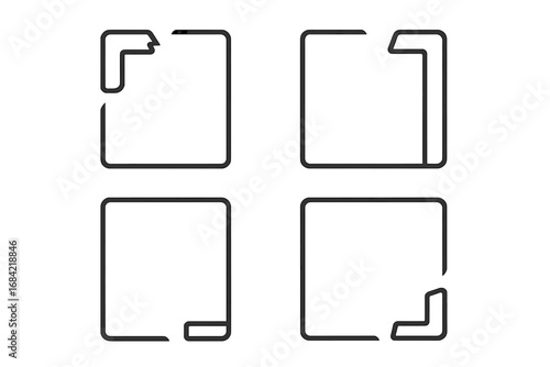 Broken box linear icon set. Open package, delivery problem concepts. Fragile, shipping damage symbol. Incomplete square frame for graphic design. Abstract logo element. Vector.