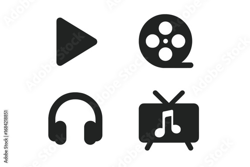 Media subscription icons. Solid glyph icon set for multimedia and entertainment. Digital streaming services concept. Vector symbols of play button, movie, music, audio, TV.