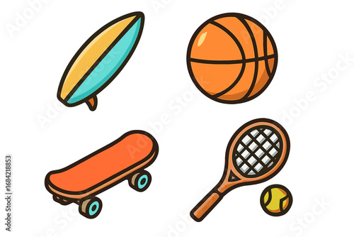 Sports equipment icon set. Surfboard, basketball, skateboard, tennis racket and ball. Active lifestyle, hobby and recreation concept. Vector cartoon flat illustration for web.