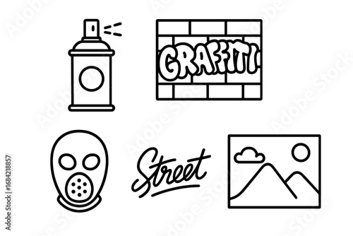 Urban Art Icon Set Outline with Graffiti Spray Can, Graffiti Wall, Stencil Mask, Street Tag, and Mural Vector Cartoon Illustration for Street Culture and Urban Design