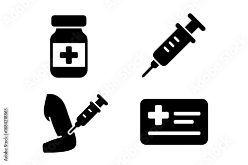 Vaccination Icons Grid Solid Filled Icon Set Medical Vial Syringe Injection Arm Vaccination Card Vector Cartoon Illustration Healthcare Immunization Campaign