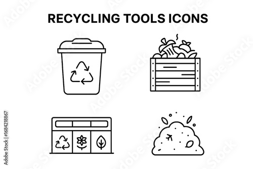 Recycling tools outline icon set. Composting and waste sorting station vector symbols. Eco friendly, zero waste lifestyle concept. Recycle bin, compost pile line art illustration.