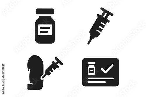 Vaccination Icons Grid Solid Filled Set, Vaccine Vial, Syringe, Injection Arm, Vaccination Card, Immunization Campaign Vector Cartoon Illustration