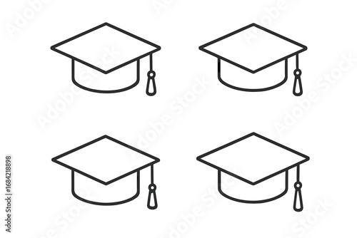 Graduation cap vector icon set. Academic mortarboard line art. University, college ceremony symbol. Education, knowledge, learning, achievement concept. Student success illustration.