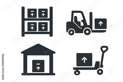 Warehouse Icons Set with Solid Filled Design, Including Storage Racks, Forklift, Loading Dock, Pallet Jack, and Shipping Symbols, Vector Cartoon Illustration for Industrial and Logistics Use