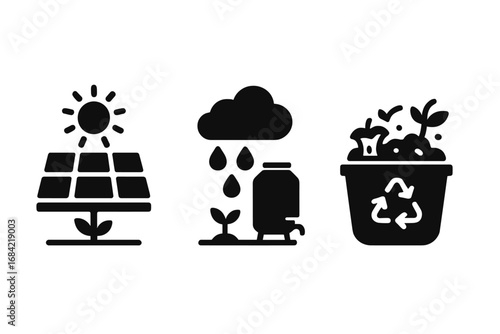 Sustainable Agriculture Icons Solid Filled Vector Set Including Solar Panel Technology, Rainwater Harvesting System, Organic Composting, Eco Farming Symbols on Transparent Background