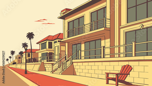 Coastal Houses Palm Trees and Red Pathway Illustration Summer Vacation Home Design Beachfront Property Retro Style Artwork.