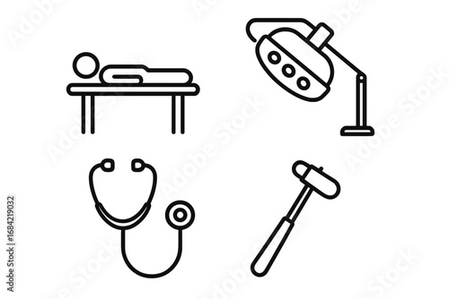Medical examination outline icon set. Vector collection of physical checkup, patient on table, surgical light, stethoscope, reflex hammer. Symbols for doctor, clinic, diagnosis.