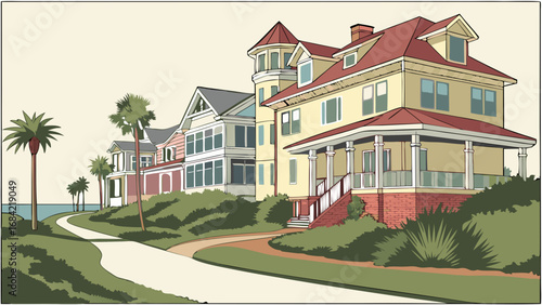 Coastal Houses Palm Trees and Winding Path A Summer Idyll.