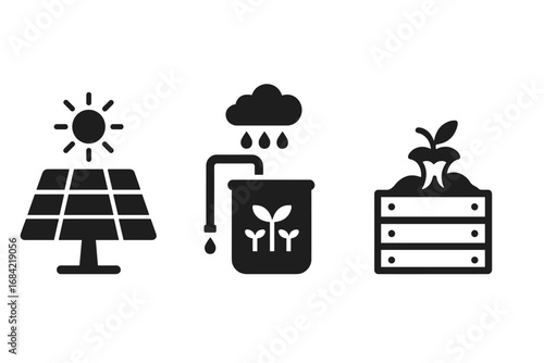 Sustainable agriculture solid filled icon set with solar panel, rainwater harvesting system, composting, eco-friendly farming technology and environmental vector illustrations