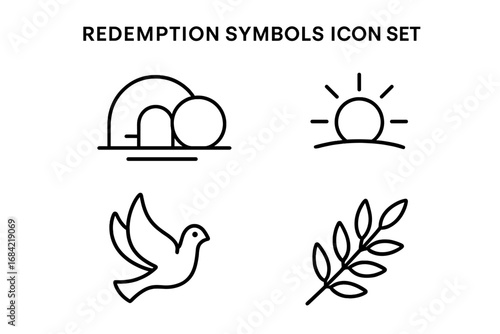 Redemption and Hope Christian symbols icon set. Line art icons for Easter, Resurrection, and faith. Includes empty tomb, rising sun, dove of peace, and olive branch.
