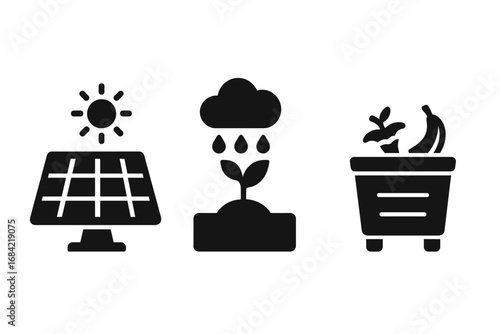 Sustainable Agriculture Icons Set with Solar Panel, Rainwater Harvesting, Composting Vector Illustration, Eco-Friendly Farming Technology Symbols, Green Energy and Organic Farming Elements