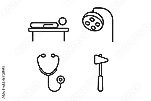 Medical icon set. Health checkup symbols. Patient on examination table, surgical light, stethoscope, reflex hammer. Medicine, clinic, hospital and healthcare pictogram.
