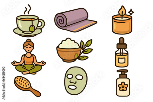 Wellness and self-care icon set. Yoga, meditation, tea, and spa essentials for a mindful lifestyle. Health and relaxation concept. Vector cartoon flat illustration collection.