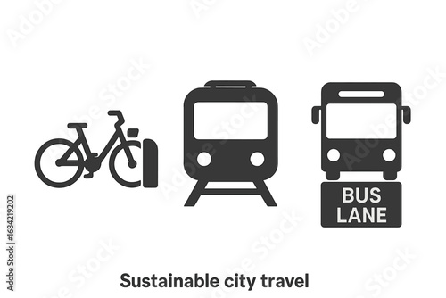 Sustainable City Travel Icons, Solid Filled Vector Set Featuring Shared Bike Dock, Subway Train, Bus Lane, Urban Public Transport, Eco-Friendly Commuting Symbols on Transparent Background