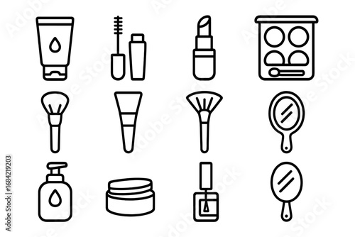 Beauty and cosmetic line icon set. Makeup and skincare product symbols. Vector illustration collection with lipstick, mascara, brush, eyeshadow, nail polish, cream, and mirror.