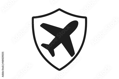 Travel insurance icon. Flight protection and safety symbol. Airplane in a shield logo concept for aviation security and safe journey guarantee. Minimalist vector illustration.
