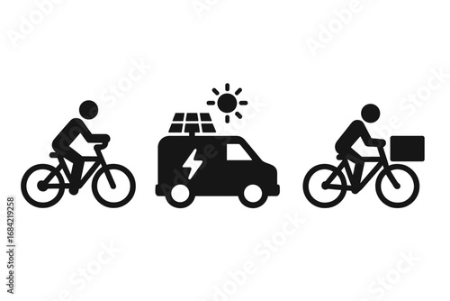 Sustainable Delivery Icons Set, Solid Filled Vector Illustrations of Eco-Friendly Transport Methods Including Electric Bike, Solar-Powered Van, Cargo Bike for Green Logistics and Urban Transport