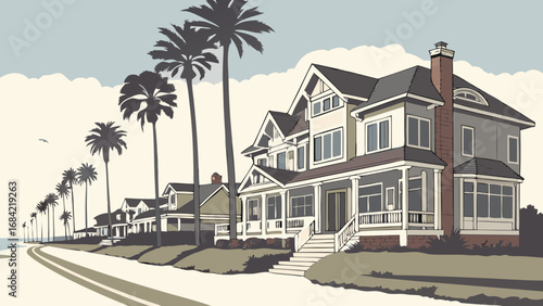 Coastal Houses Palm Trees Beach Road Summer Vacation Idyllic Scene Suburban Homes Ocean View Residential Area Calm Serene Seaside Property Dream Home Architecture Design Illustration Graphic Art Tran.