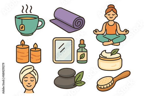 Self care routine icon set. Wellness, relaxation and spa treatment elements. Vector cartoon collection with yoga, meditation, tea, skincare, candles for a mindful lifestyle.