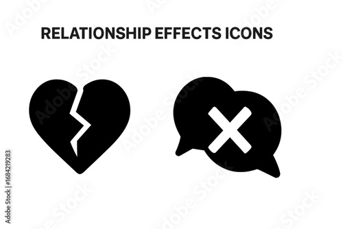 Relationship problem vector icons. Broken heart and communication failure pictogram. Breakup, divorce, conflict concept. Heartbreak and argument solid symbol. End of love glyph.