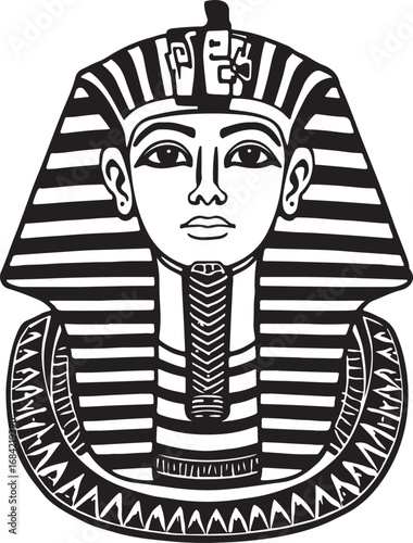 Ancient Egyptian Pharaoh Face Black and White Illustration of Royal Headdress and Symbolic Beard Featuring Detailed Line Work and Cultural Significance