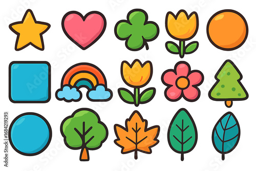 Colorful vector icon collection. Cute cartoon nature and basic shape symbols. Star, heart, rainbow, flower, tree, leaf, clover. Graphic design elements for kids and web assets.