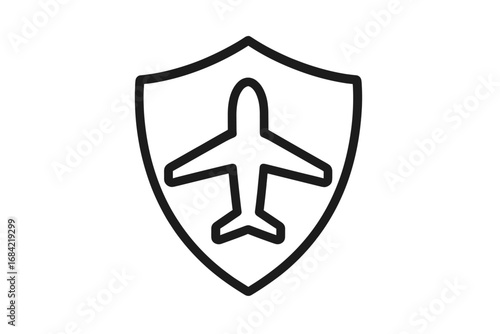 Travel insurance concept. Flight protection and safety symbol. Airplane in a shield icon. Aviation security logo. Safe travel guarantee sign. Airline transport defense.