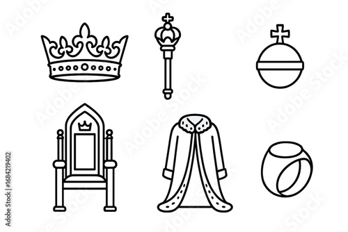 Medieval regalia outline icon set. King's royal insignia collection. Crown, scepter, orb, throne, royal robe, signet ring. Monarchy power symbols. Vector illustration.