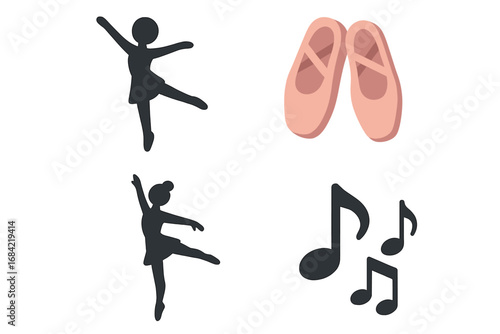 Vector cartoon ballet dancers and ballet shoes with musical notes, graceful dance poses, pink ballet slippers, performing art silhouettes, classical dance illustration, transparent background set
