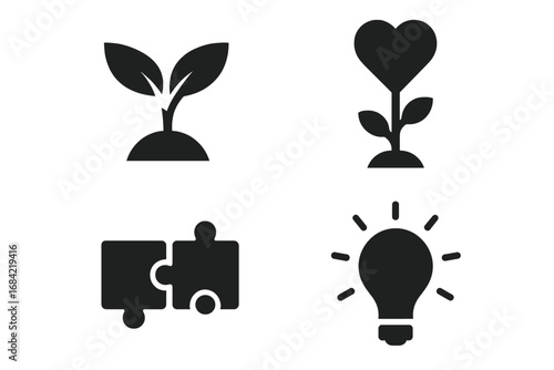 Growth and connection icon set. Concepts for personal development, relationship building, love, teamwork, and innovation. Vector glyphs of sprout, heart plant, puzzle, lightbulb.