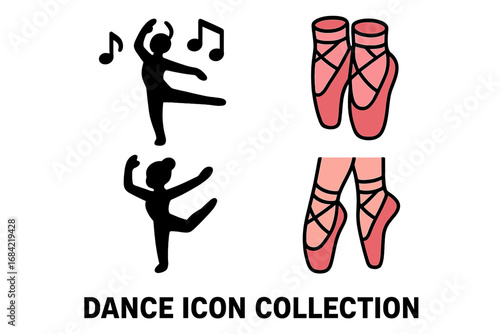 Dance silhouette icons with music notes and ballet shoes, ballet dancer poses vector set, performing arts illustration, graceful movement and classical ballet shoes design