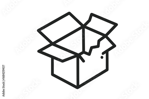 Broken box icon. Damaged package symbol. Open cardboard container. Fragile delivery problem. Shipping return concept. Minimal line art vector for web and apps illustration.