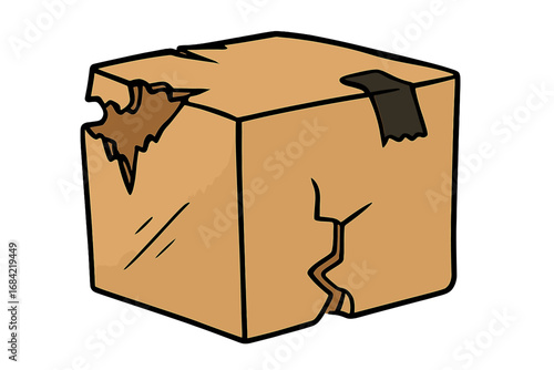 Broken box vector illustration. Damaged cardboard carton icon. Shipping, delivery problem concept. Fragile package symbol for logistics, web, apps. Old, used, taped parcel.