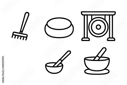 Meditation and mindfulness outline icon set. Vector collection of zen objects for spiritual retreat and relaxation. Includes gong, singing bowl, zafu cushion, and garden rake.